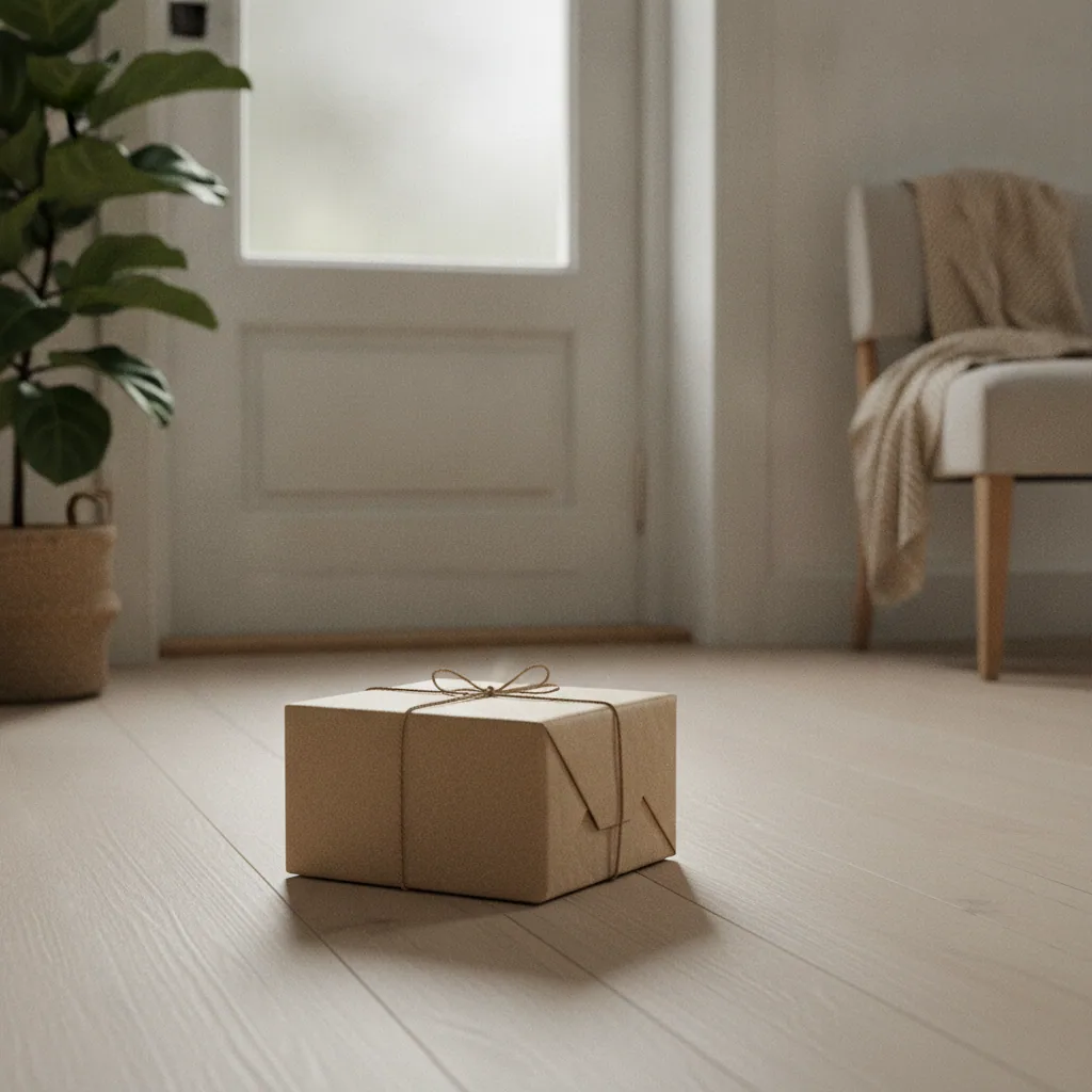 Ett snyggt paket i kraft-papper på ett trägolv nära en ytterdörr