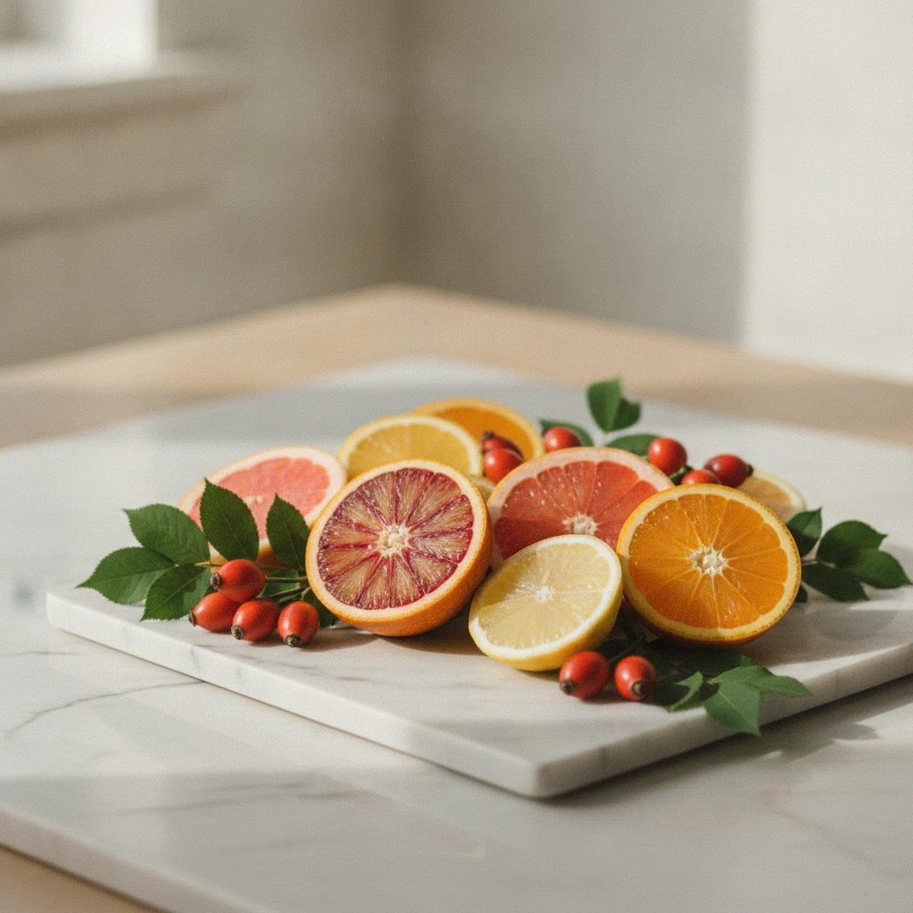 Skivade citrusfrukter och röda nypon på ett ljust marmorbord