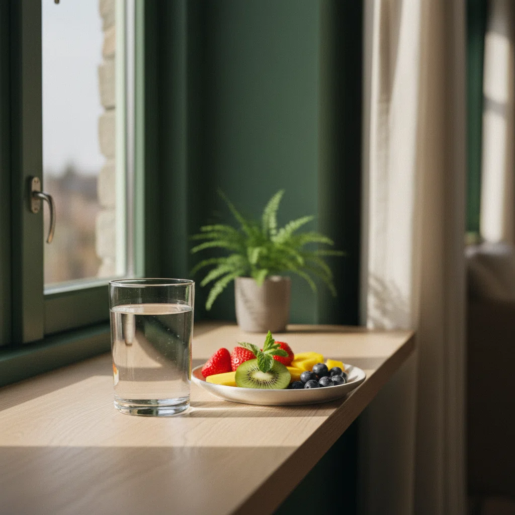 Ett glas vatten och ett litet fat med frukt på ett ljust fönsterbräde tidigt på morgonen